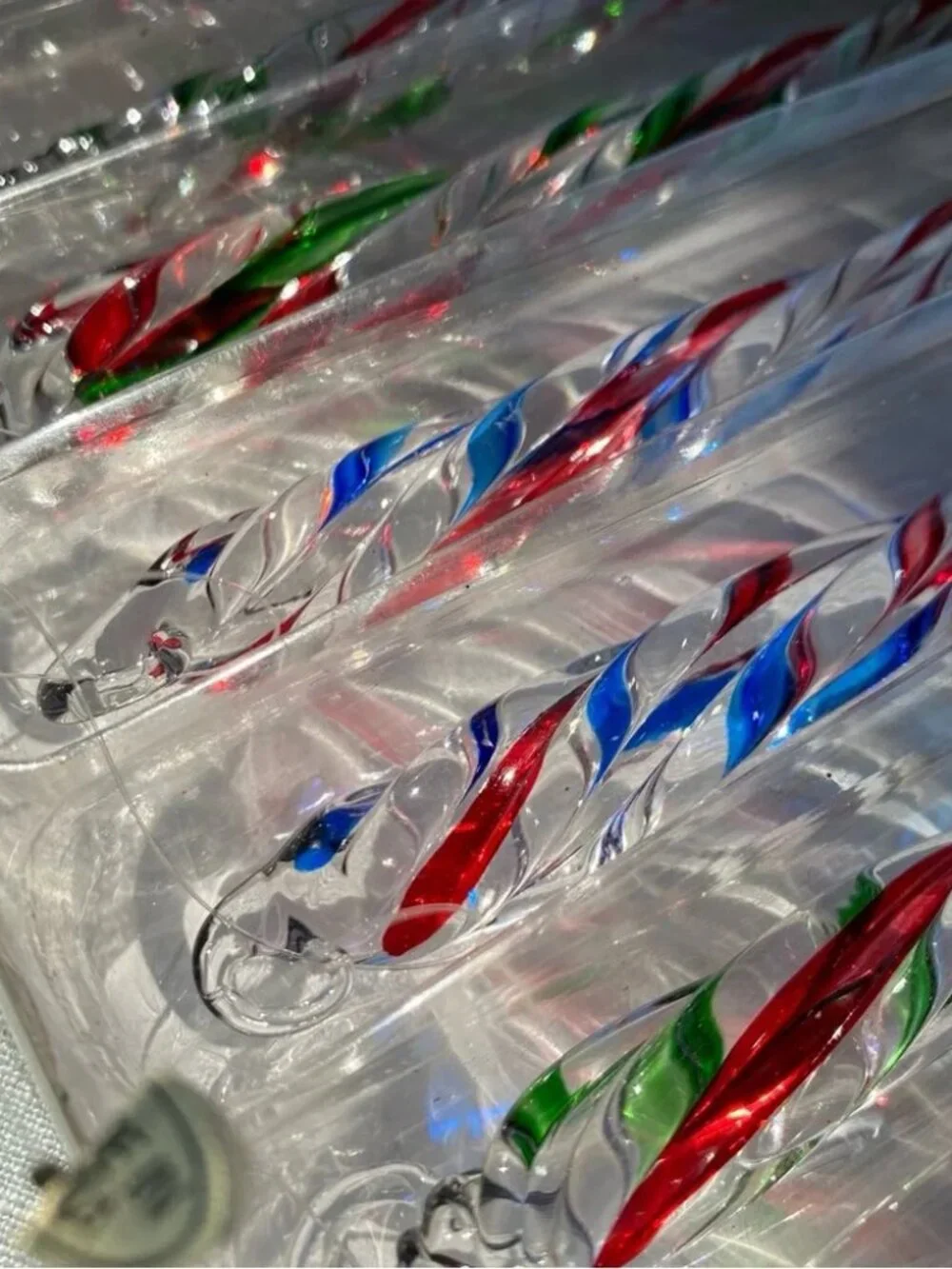 Vintage set of 6 Kurt Adler clear red blue green twisted glass icicle ornaments